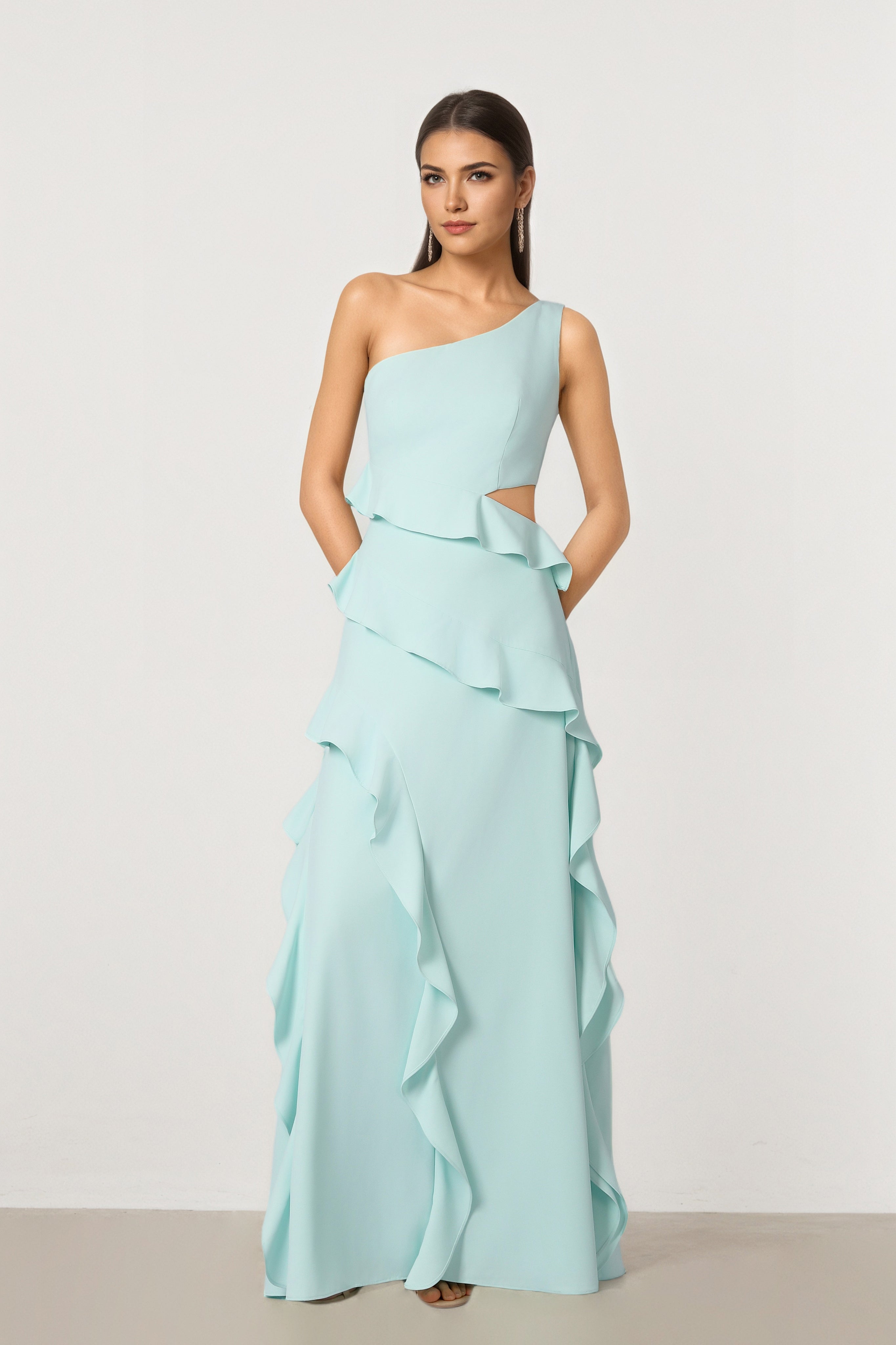 Mint Green One-Shoulder Ruffle Maxi Dress
